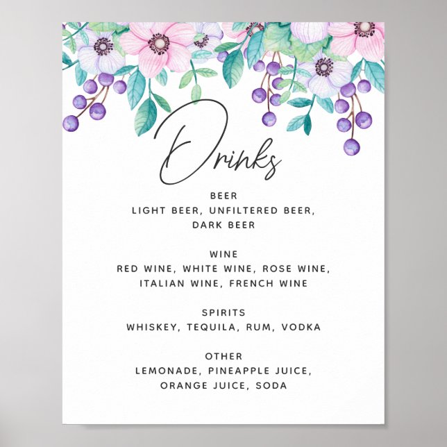 Poster Bebidas de casamento florais, púrpura e rosa, de a (Frente)