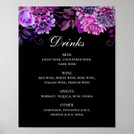 Poster Bebidas de casamento florais, roxas e pretas, de a