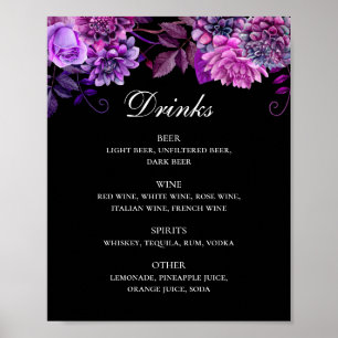 Poster Bebidas de casamento florais, roxas e pretas, de a