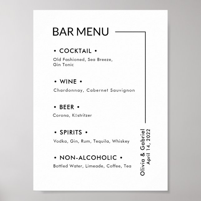 Poster Bebidas de Casamento. Sinal Moderno Simples Menu d (Frente)