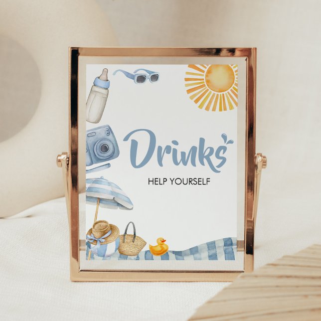 Poster Bebidas de Chá de fraldas Blue Beach Summer (Boy Splish Splash Baby Shower Drinks Sign)