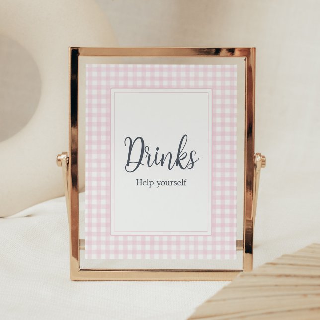 Poster Bebidas de Chá de fraldas Clássicas Gingham (Girl Gingham Baby Shower Drinks Sign)