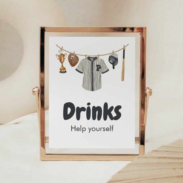 Poster Bebidas De Chá de fraldas Com Pequeno Tampão De Be (Baseball Little Slugger Clothesline Baby Shower Drinks Sign)