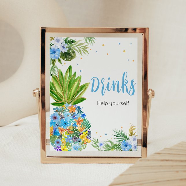 Poster Bebidas De Chá de fraldas De Abacaxi Azul Floral (Blue Gold Pineapple Baby Shower Drinks Sign)