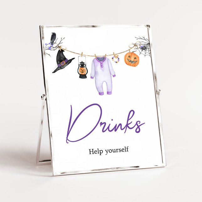 Poster Bebidas de Chá de fraldas de Boo Halloween Roxo (Halloween Baby Clothes Baby Shower Drinks Sign)