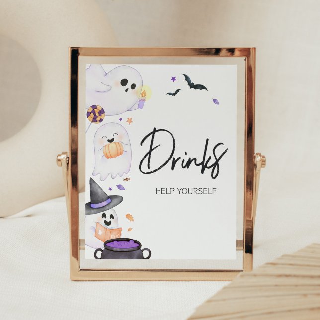 Poster Bebidas de Chá de fraldas de Boo Halloween Roxo (Purple Little Boo Baby Shower Drinks Sign)