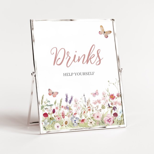 Poster Bebidas de Chá de fraldas de borboletas de flores  (Boho Butterflies Baby Shower Drinks Sign)