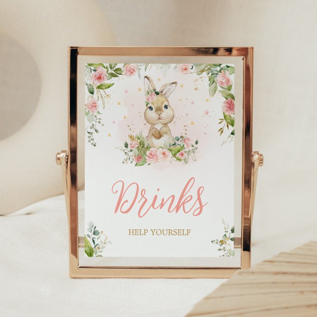 Poster Bebidas De Chá de fraldas De Coelhinho Floral Rosa (Girl Peter Rabbit Baby Shower Drinks Sign)