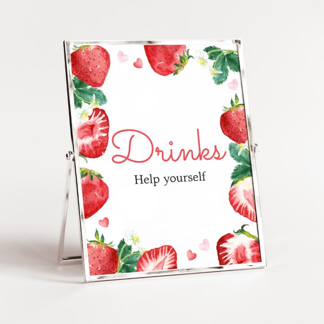 Poster Bebidas de Chá de fraldas de Strawberry Berry Swee (A Berry Sweet Strawberry Baby Shower Drinks Sign)