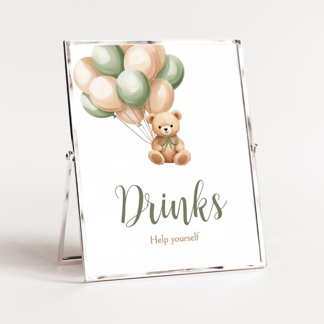 Poster Bebidas de Chá de fraldas do Balão do Urso Verde S (Green Boho Bear Baby Shower Drinks Sign)