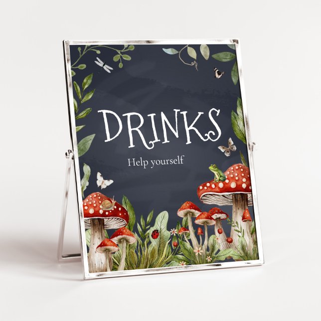 Poster Bebidas De Cogumelo Florestais Encantadas Com Whim (Rustic Mushroom Baby Shower Drinks Sign)