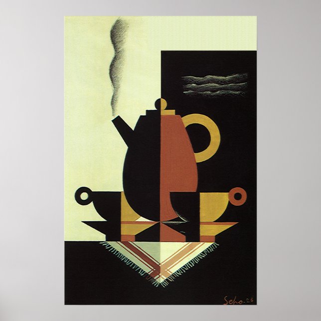Póster Bebidas de Drinks Vintage Cafeteira com Xícaras (Frente)