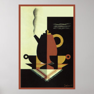 Póster Bebidas de Drinks Vintage Cafeteira com Xícaras