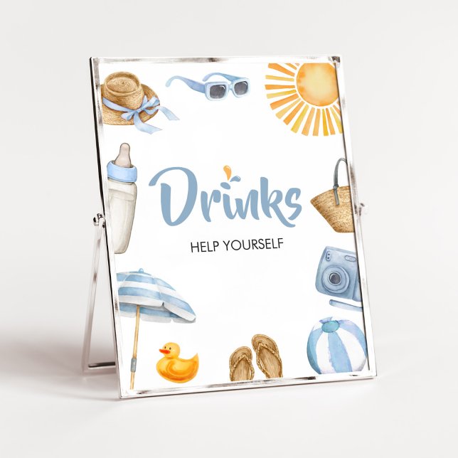 Poster Bebidas do Chá de fraldas de abertura azul (Boy Summer Beach Baby Shower Drinks Sign)
