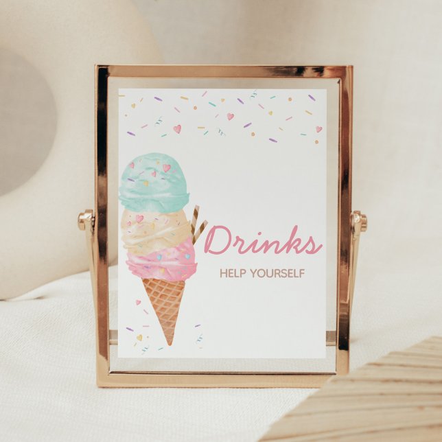 Poster Bebidas do Chá de fraldas sorvete (Ice Cream Sprinkled with Love Baby Shower Drinks Sign)