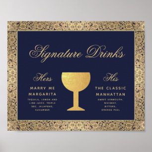 Poster Bebidas Especiais Azul Marinho Rosas Douradas Sina