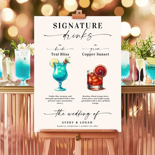 Poster Bebidas Especiais do Noivo e da Noiva em Verde Azu (A Wedding Bar with Teal and Copper Colored Signature Drinks. Blue Lagoon and Whiskey Sour.)