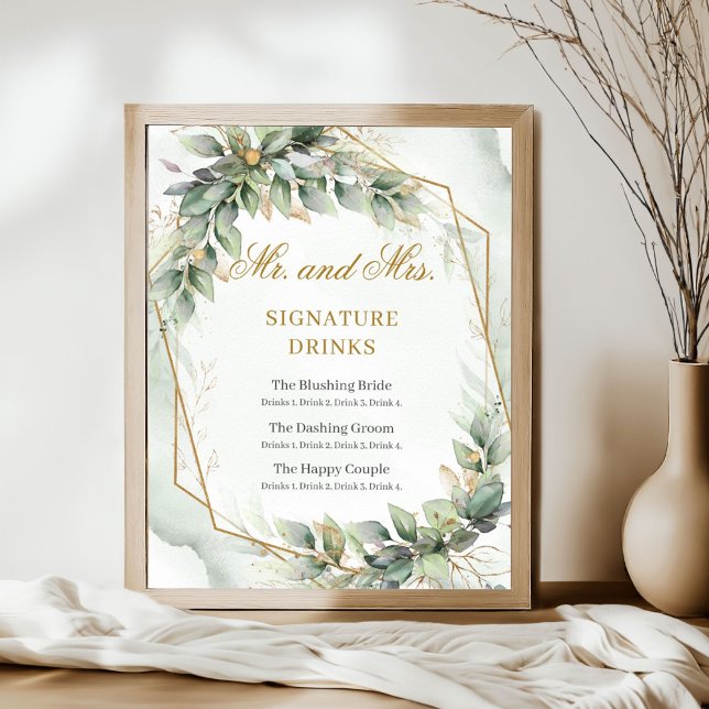 Poster Bebidas modernas com assinatura dourada e verde bo (Modern botanical greenery leaf gold frame Mr. and Mrs. signature drinks sign)