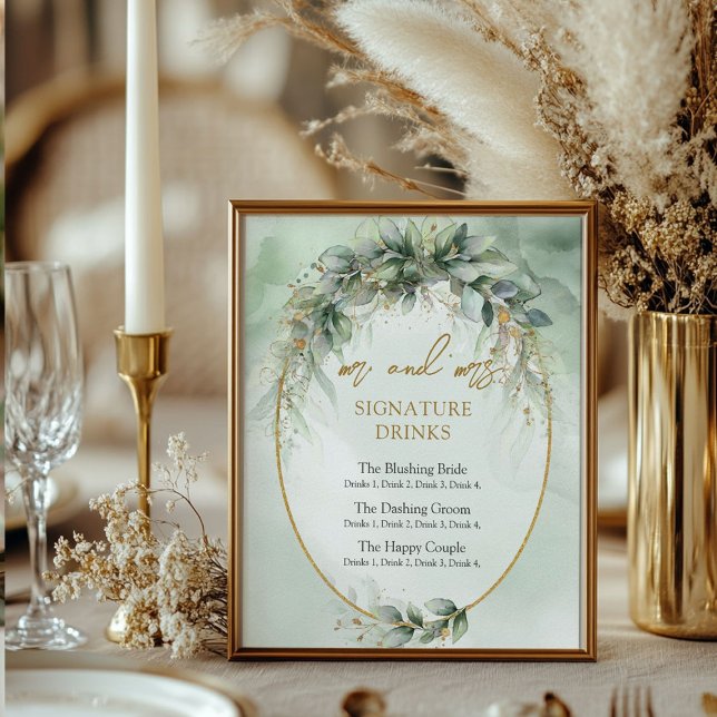 Poster Bebidas modernas de assinaturas de ouro botânico (Modern botanical greenery gold signature drinks poster)