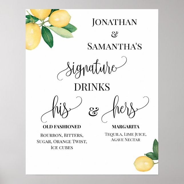 Poster Bebidas Personalizadas Recepção de Casamento Sinal (Frente)
