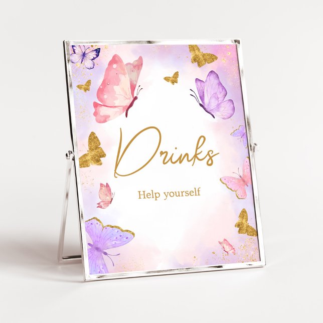 Poster Bebidas rosa Douradas de Chá de fraldas de borbole (Boho Butterfly Baby Shower Drinks Sign)