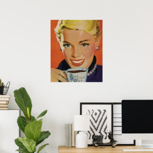Poster Bebidas Vintage, Mulher Feliz com Café