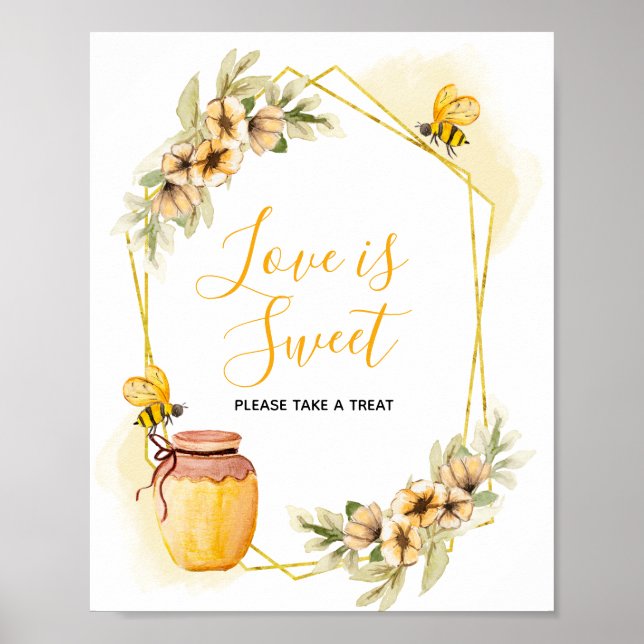 Poster Bee Botanical Watercolor Love is Sweet Sign (Frente)