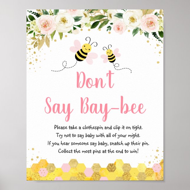 Poster Bee Dourado Floral Rosa Não Diga Jogo de Bebê (Frente)