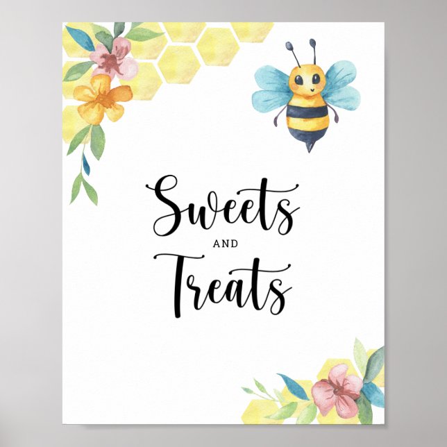 Poster Bee floral - doces e guloseimas chá de bebê (Frente)