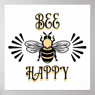 Poster Bee Happy   Estilo Vintage Abelha de mel