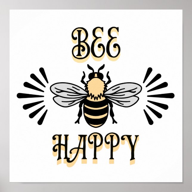Poster Bee Happy | Estilo Vintage Abelha de mel (Frente)
