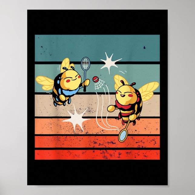 Poster Bees Badminton Dynamic Cartoonish Artwork Funny Pl (Frente)