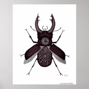 Poster Beetle clock surreal black and white drawing