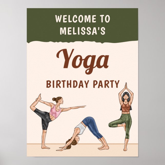 Poster Beige And Green Boho Yoga Birthday Party Welcome (Frente)