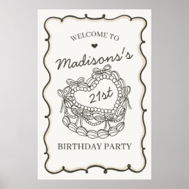 Poster Beige Retro Heart Coquette Cake Birthday