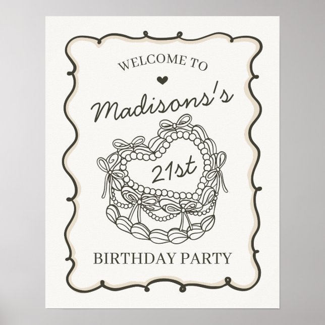 Poster Beige Retro Heart Coquette Cake Birthday (Frente)