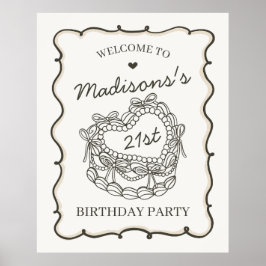 Poster Beige Retro Heart Coquette Cake Birthday