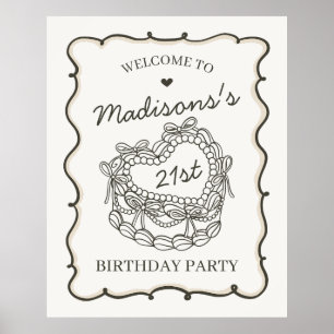 Poster Beige Retro Heart Coquette Cake Birthday