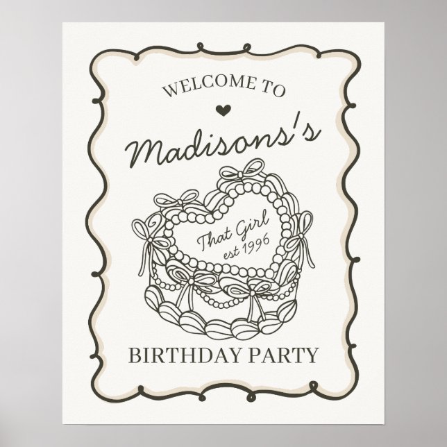 Poster Beige Retro Heart Coquette Cake Birthday (Frente)