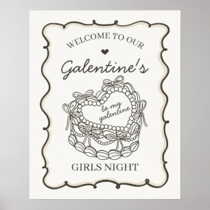 Poster Beige Retro Heart Coquette Cake Galentines Bem-Vin