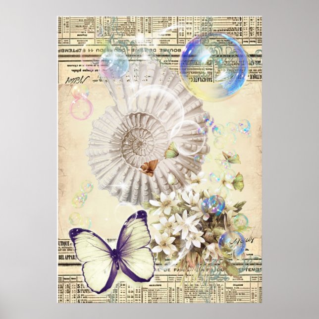 Póster beige vintage borterfly seashell botânico francês (Frente)