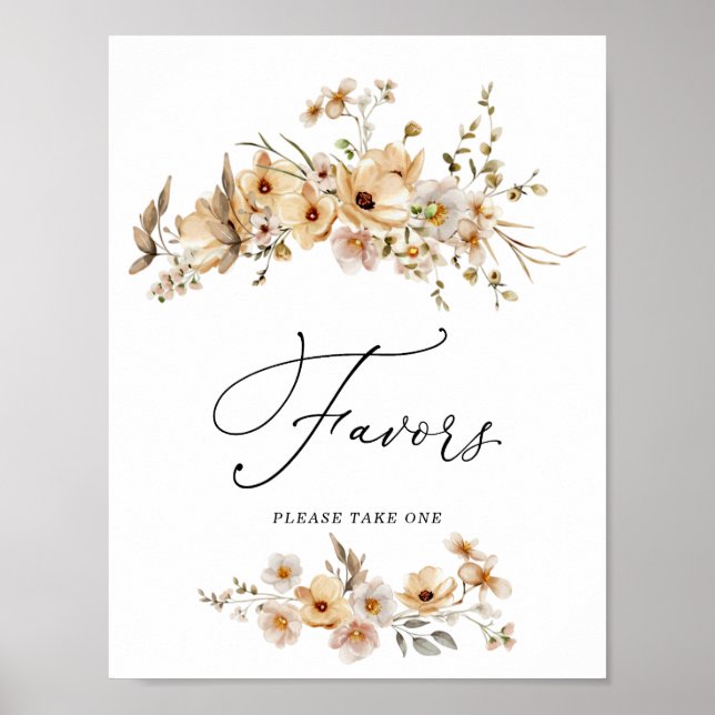 Poster Beige Wild Flowers Bridal Shower Favors Sign (Frente)