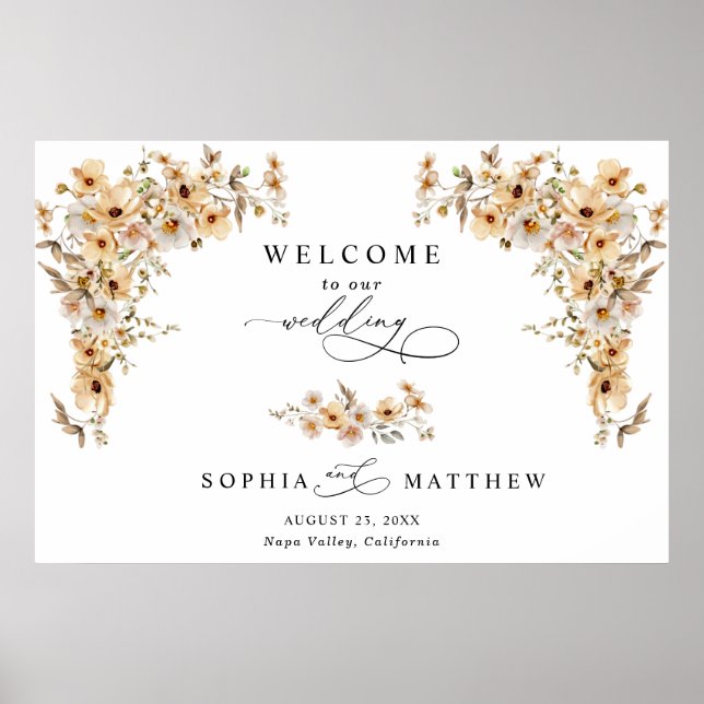 Poster Beige Wild Flowers Welcome Wedding (Frente)