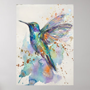 Poster Beija-flor Aquarela Arco-íris Iridescente Dourado