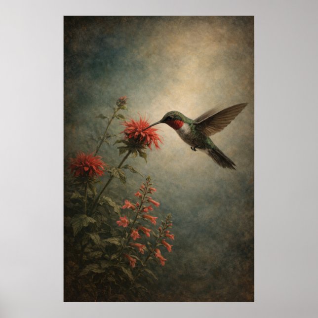 Poster Beija-flor Bloom | Arte Floral de Pássaros | Poste (Frente)