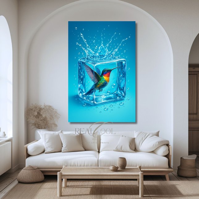Poster Beija-flor Colorido Dentro de Cubo de Gelo Neon Az (Criador carregado)