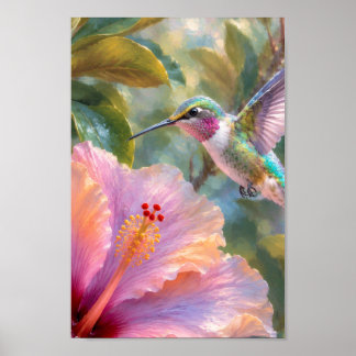 Poster Beija-flor com Aquarela de Hibisco