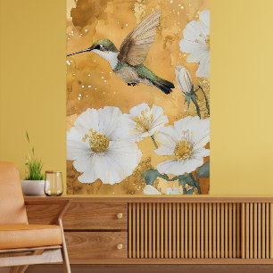 Poster beija-flor-de-garganta-rubra fêmea flores brancas