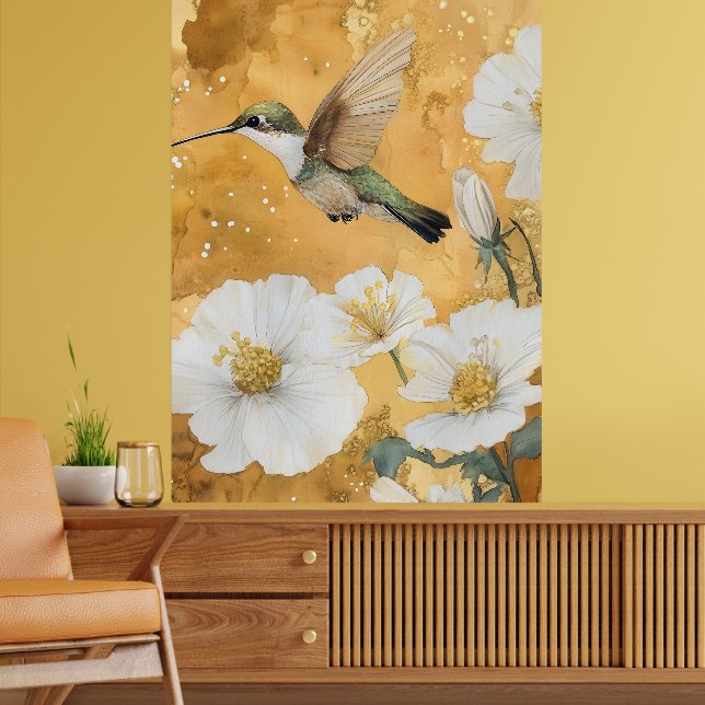 Poster beija-flor-de-garganta-rubra fêmea flores brancas (Sala de Estar 2)