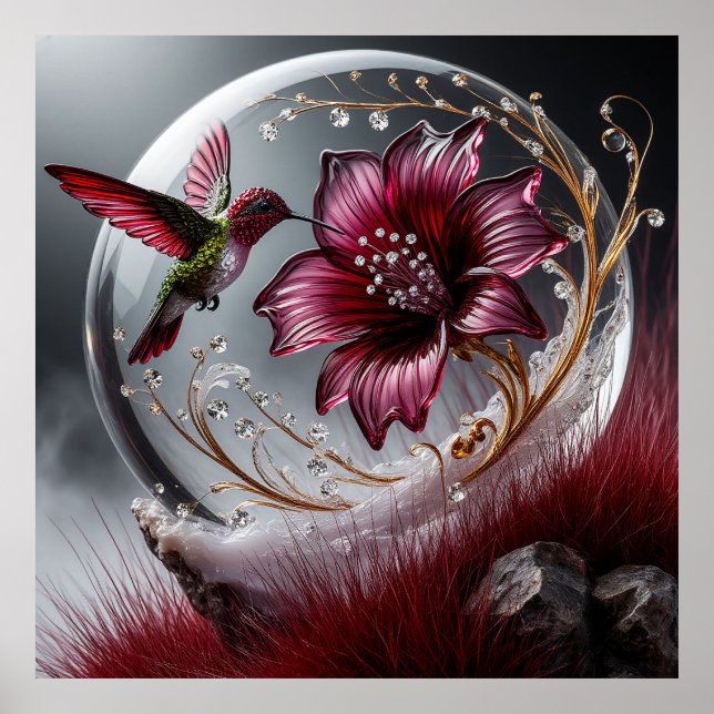Poster Beija-flor e Detalhes Florais com Acentos de Gemas (Frente)